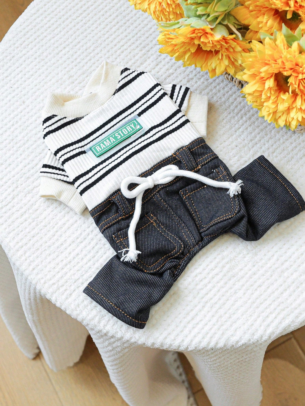 PETCIRCLE 1pc Pet Clothes Striped Denim Effect Elastic Pants For Small Medium Dogs Cats, Fashionable & Classic, Autumn/Winter New Arrival