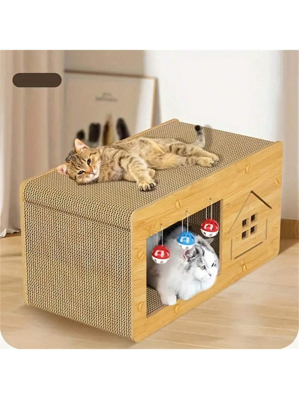Multi-Function Cat Scratching Post & Cat Bed, Durable Cardboard, Dual-Layer, Bells, All Season Use