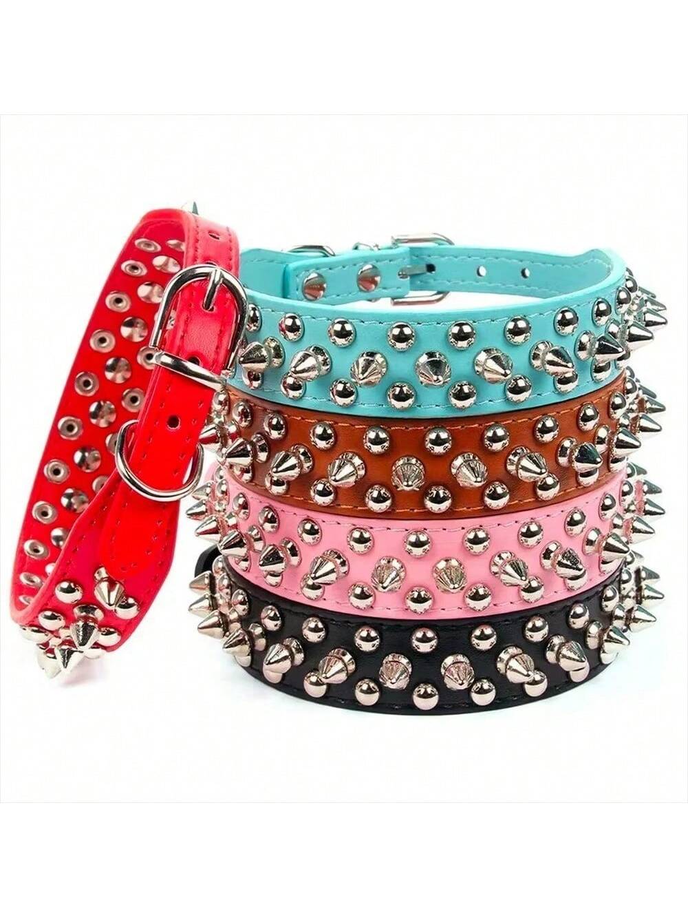 Pet Dog Collar Adjustable Leather Neck Strap Supplies PU Leather Punk Rivet Spiked Dog Collar Pet Collars For Small Medium Sized Dog, Large Dog Cat