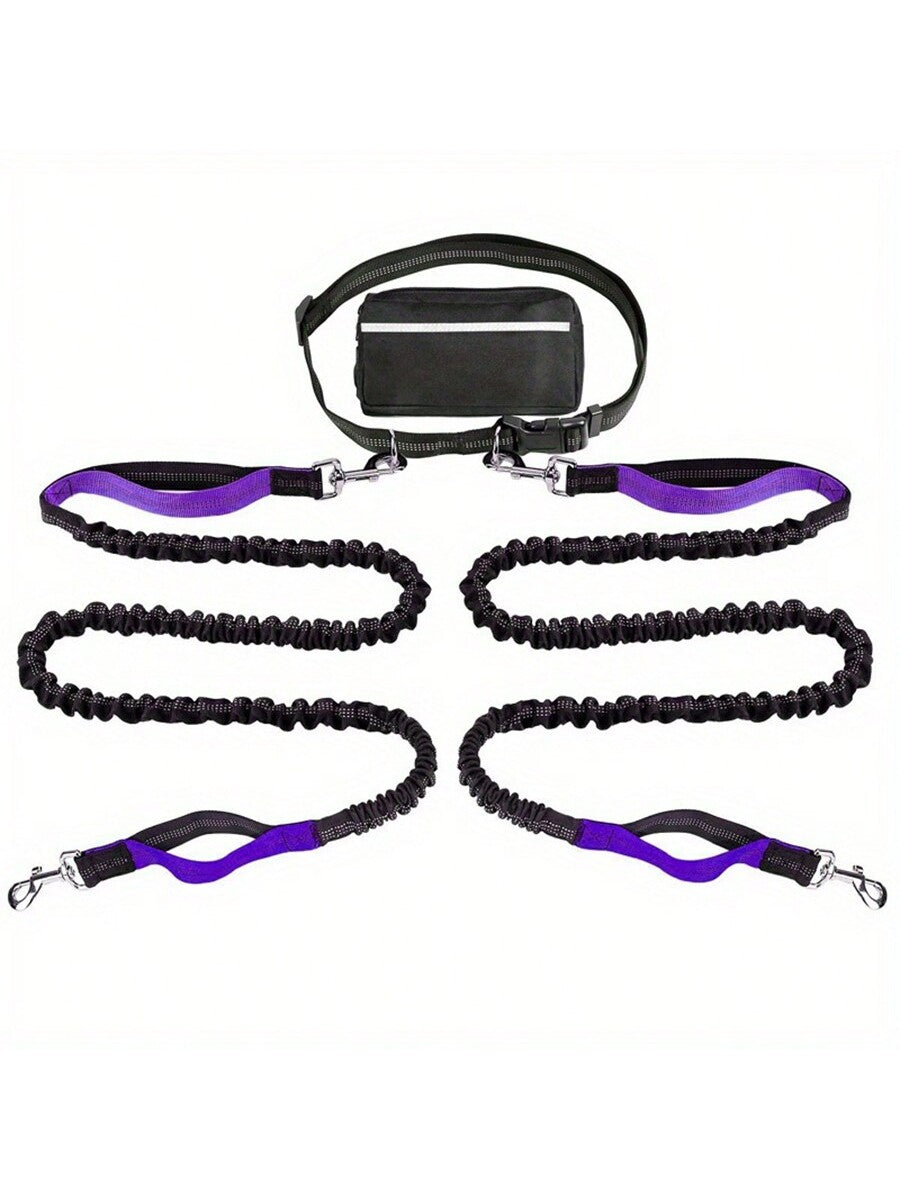Extendable Dual-Leash Pet Dog Lead, Reflective Sports Waist Pack Leash, Adjustable Waistband, Outdoor Training Running Dog Harness