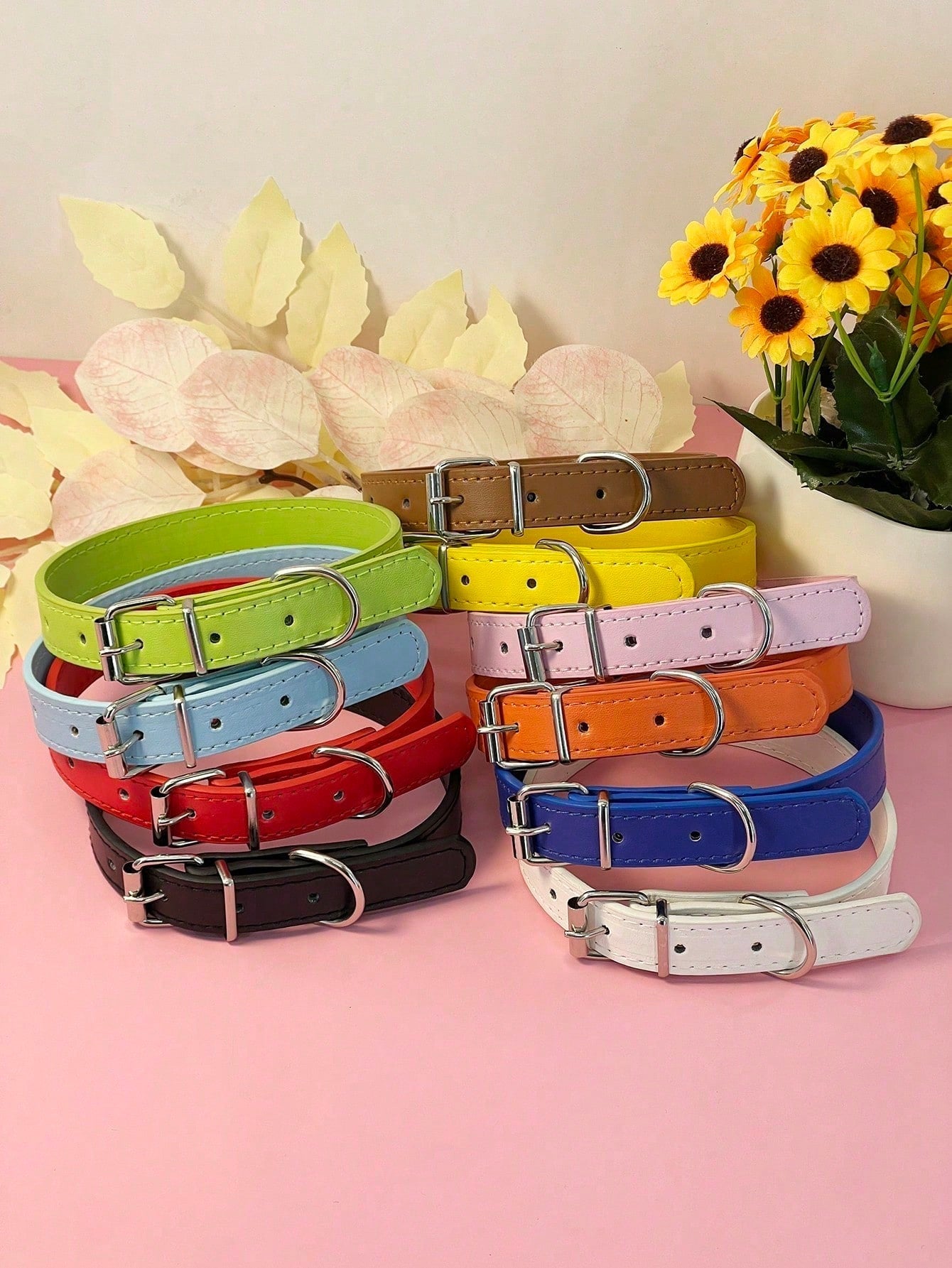 PU Leather Pet Collar, Multiple Sizes Minimalist Flat Collars, Multi-Color For Dogs And Cats