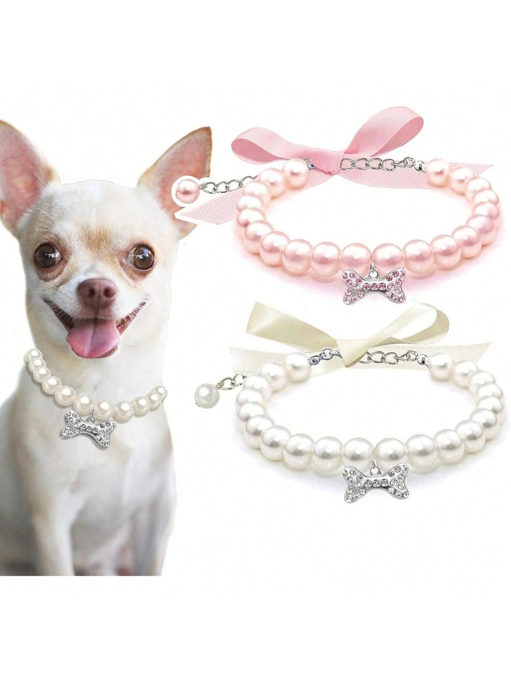 Dog Cat Pearl Collar Necklace With Rhinestone Bone, Fancy Cat Wedding Collar Jewelry For Girl Cat Puppy Dogs Accessories