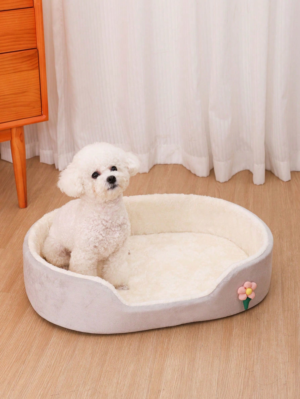 1pc Thick Soft Oval Pet Bed With Flower Decor, Comfortable Non-Slip Waterproof Oval Pet Bed Suitable For Medium/Small Cats & Dogs