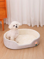 1pc Thick Soft Oval Pet Bed With Flower Decor, Comfortable Non-Slip Waterproof Oval Pet Bed Suitable For Medium/Small Cats & Dogs