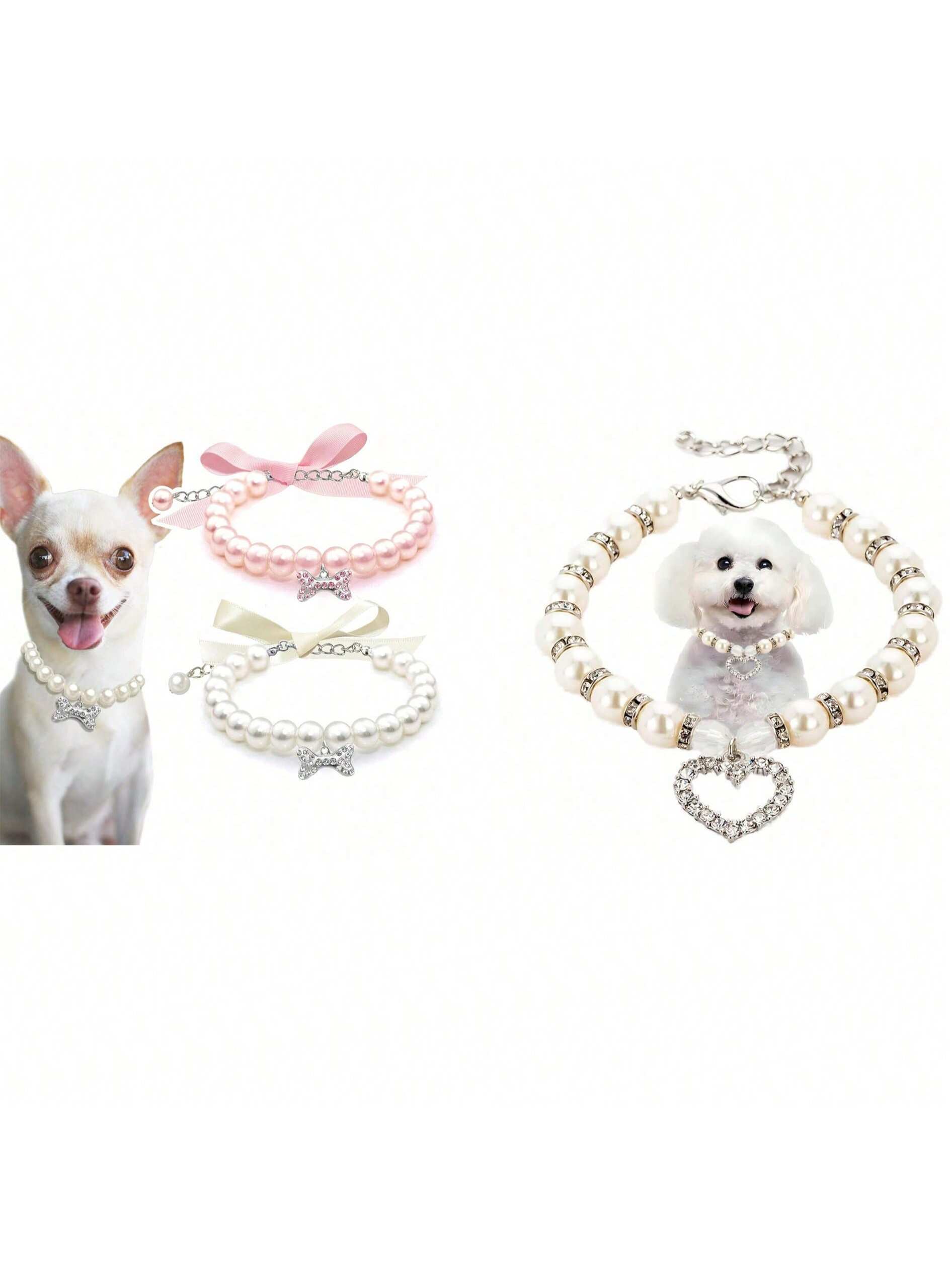 Dog Cat Pearl Collar Necklace With Rhinestone Bone, Fancy Cat Wedding Collar Jewelry For Girl Cat Puppy Dogs Accessories