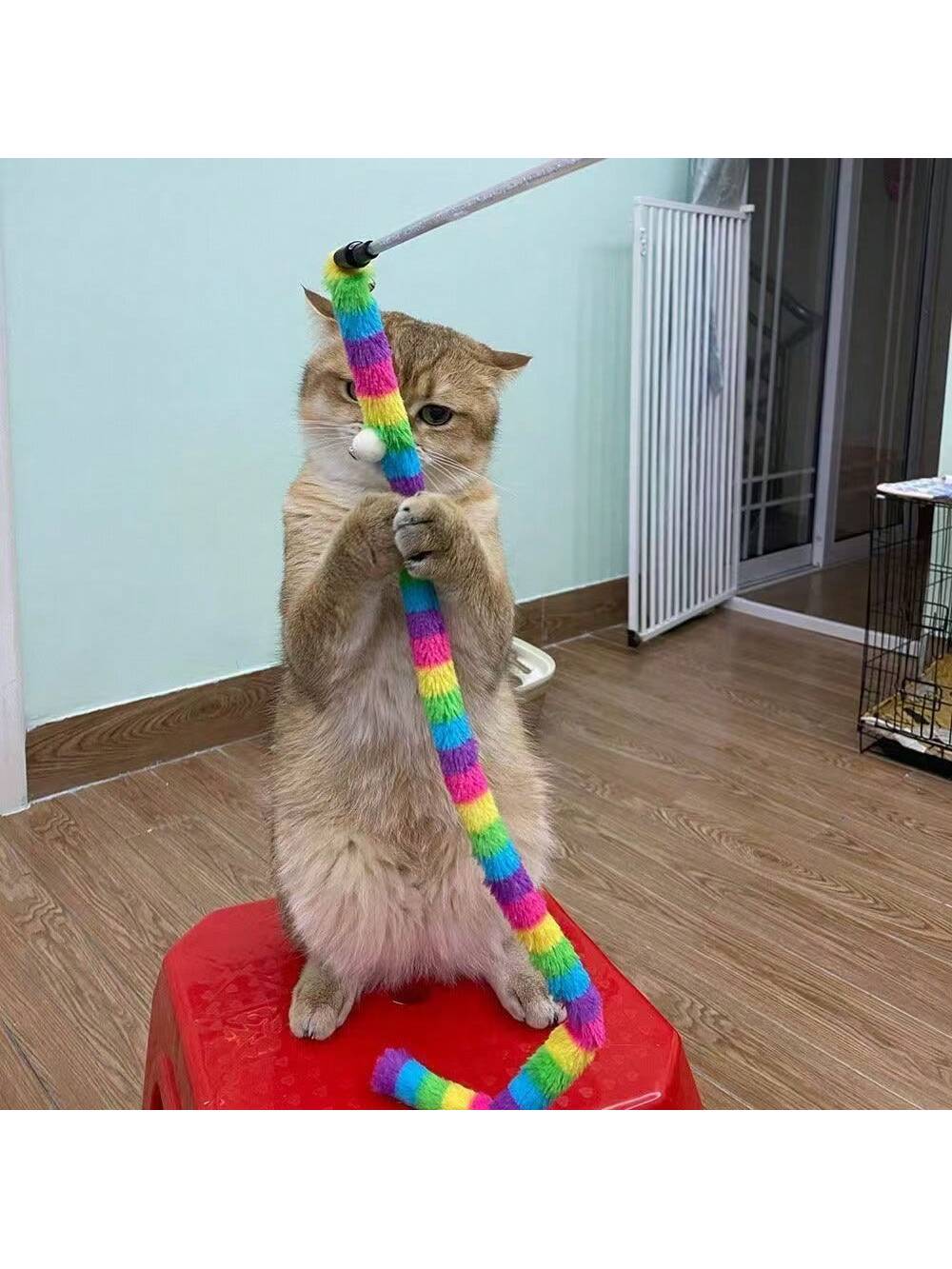 1pc Colorful Fluffy Caterpillar Plush Cat Toy - Whimsical Interactive Play Wand For Mischievous Kittens, Scratch-Resistant And Durable, Battery-Free