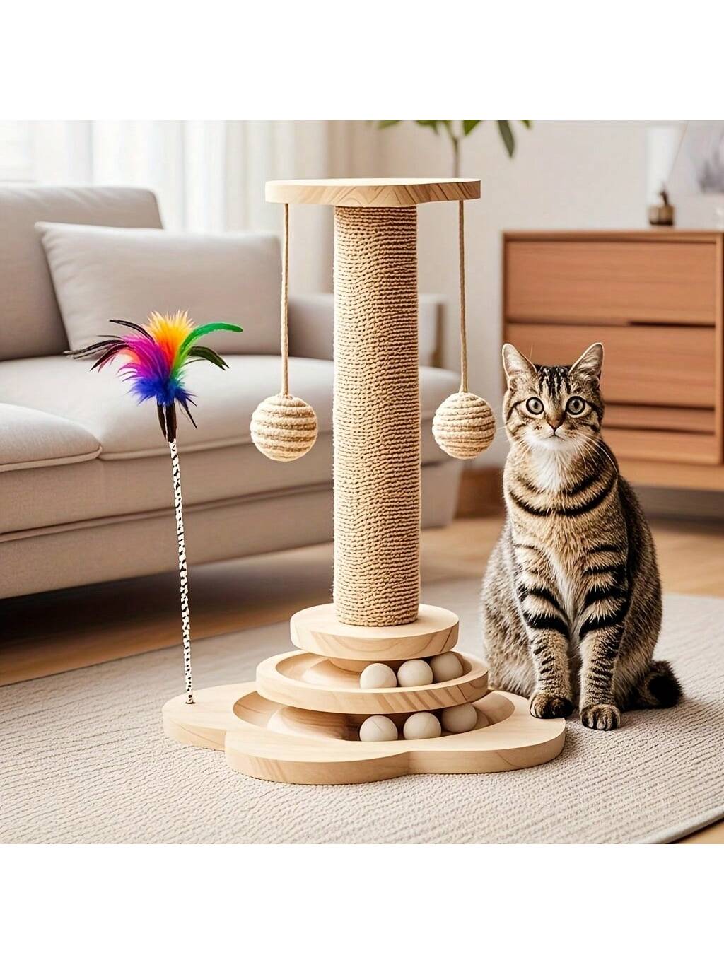 Cats Scratching Post  Scratch Post Premium Sisal Rope Scratch Posts For Kitten And Adult Cats  Wooden Ball Track Interactive Toy With Dangling Balls