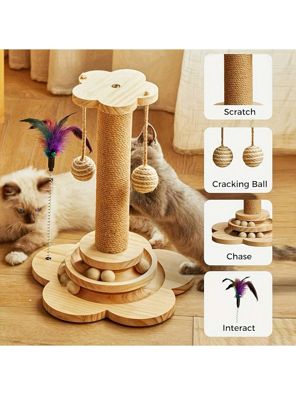 Cats Scratching Post  Scratch Post Premium Sisal Rope Scratch Posts For Kitten And Adult Cats  Wooden Ball Track Interactive Toy With Dangling Balls