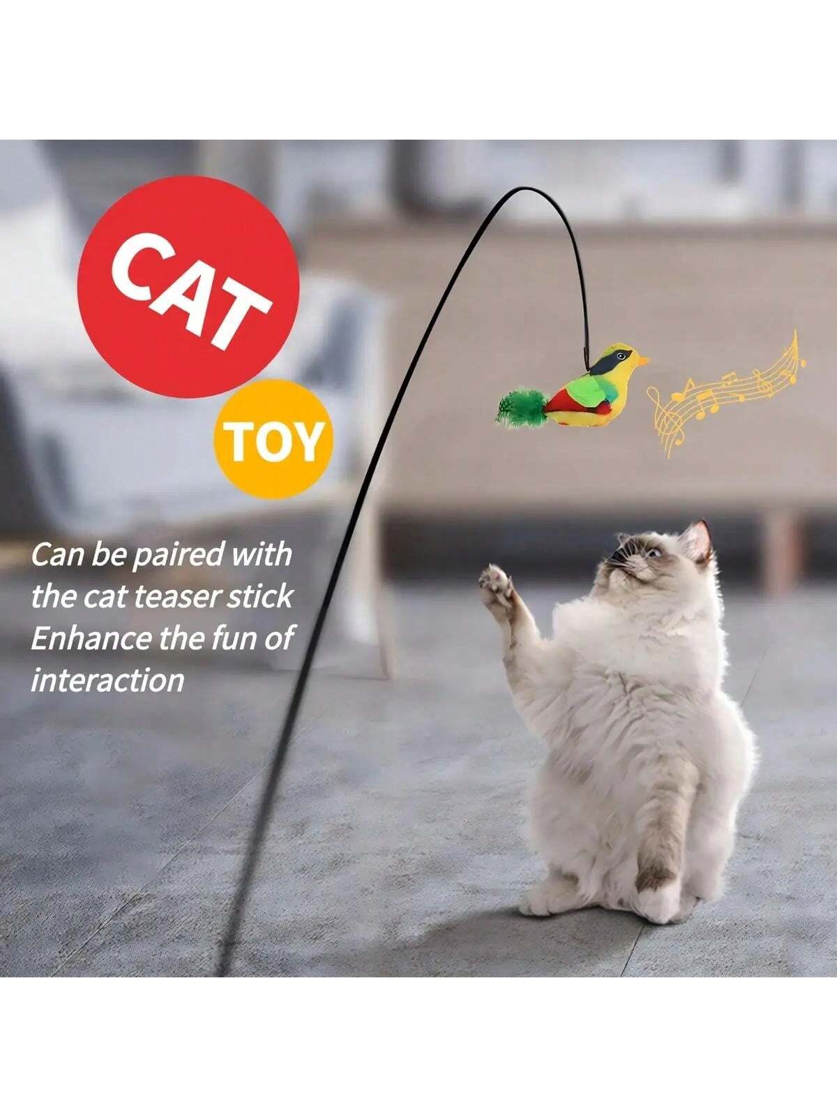 1pc Interactive Cat Toy With Realistic Bird Sounds - No Battery Required, Hanging And Detachable Plaything - Made Of Synthetic Polyester Feathers, Bird Sound Simulation Wand Accessory Suitable For All Cat Breeds