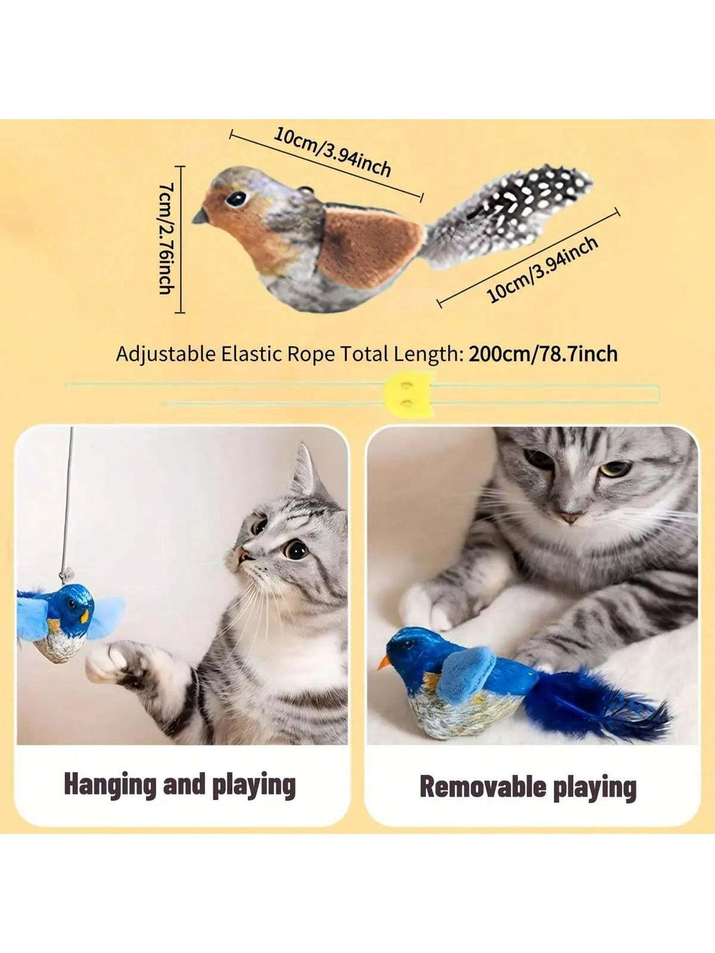 1pc Interactive Cat Toy With Realistic Bird Sounds - No Battery Required, Hanging And Detachable Plaything - Made Of Synthetic Polyester Feathers, Bird Sound Simulation Wand Accessory Suitable For All Cat Breeds