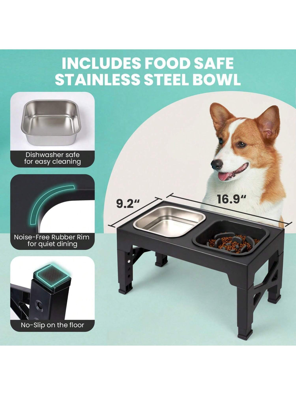 Niubya Elevated Dog Bowls With 2 Stainless Steel Dog Food Bowls, Raised Dog Bowl Adjusts To 5 Heights (3.15", 8.66", 9.84",11.02", 12.2") For Small Medium And Large Dogs