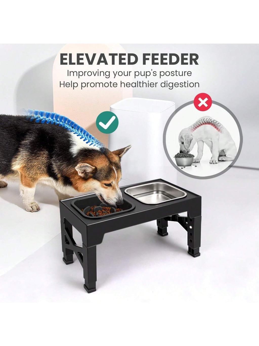 Niubya Elevated Dog Bowls With 2 Stainless Steel Dog Food Bowls, Raised Dog Bowl Adjusts To 5 Heights (3.15", 8.66", 9.84",11.02", 12.2") For Small Medium And Large Dogs