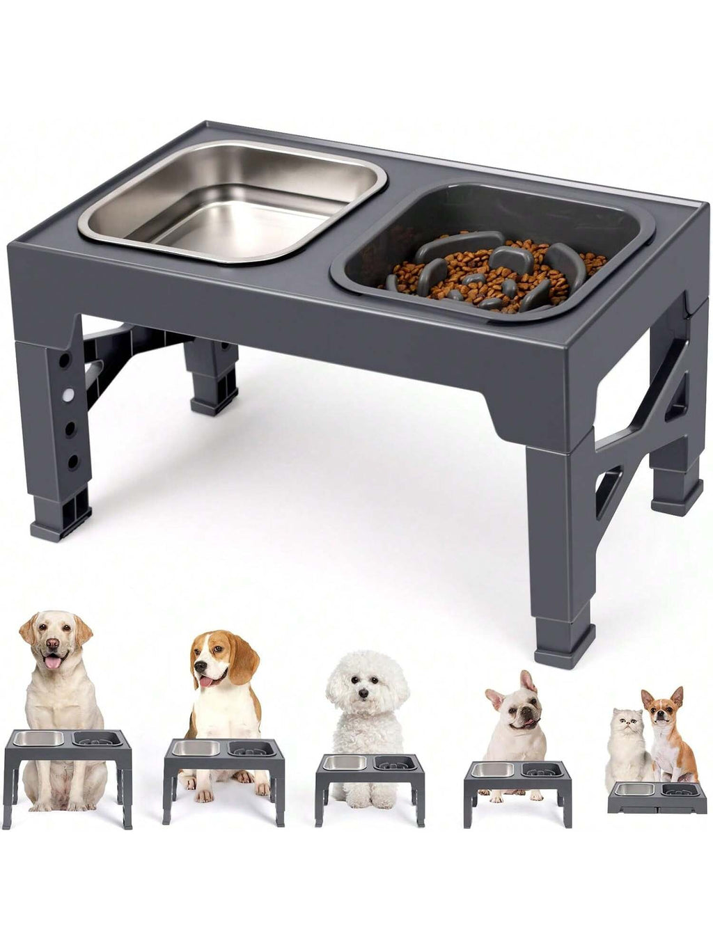 Niubya Elevated Dog Bowls With 2 Stainless Steel Dog Food Bowls, Raised Dog Bowl Adjusts To 5 Heights (3.15", 8.66", 9.84",11.02", 12.2") For Small Medium And Large Dogs