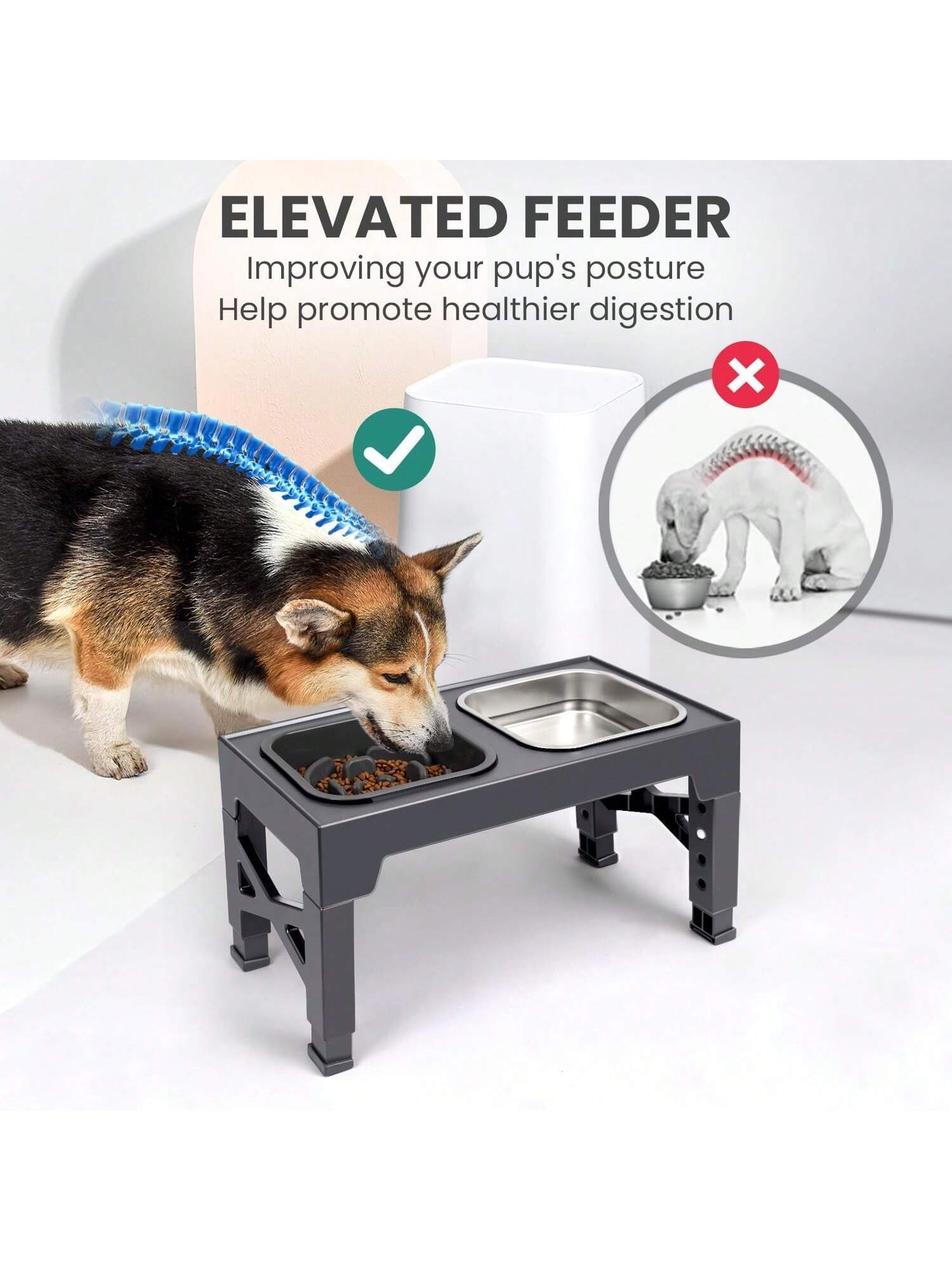 Niubya Elevated Dog Bowls With 2 Stainless Steel Dog Food Bowls, Raised Dog Bowl Adjusts To 5 Heights (3.15", 8.66", 9.84",11.02", 12.2") For Small Medium And Large Dogs