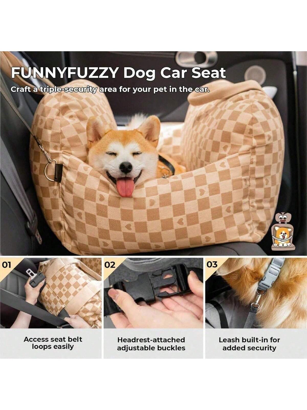 Dog Booster Seat, Detachable Washable Small Dog Vehicle Seat For Small Animals - Dog Car Seat With Storage Pocket, Adjustable Clip-On Harness For Pet Safety, Car Travel Dog Bed