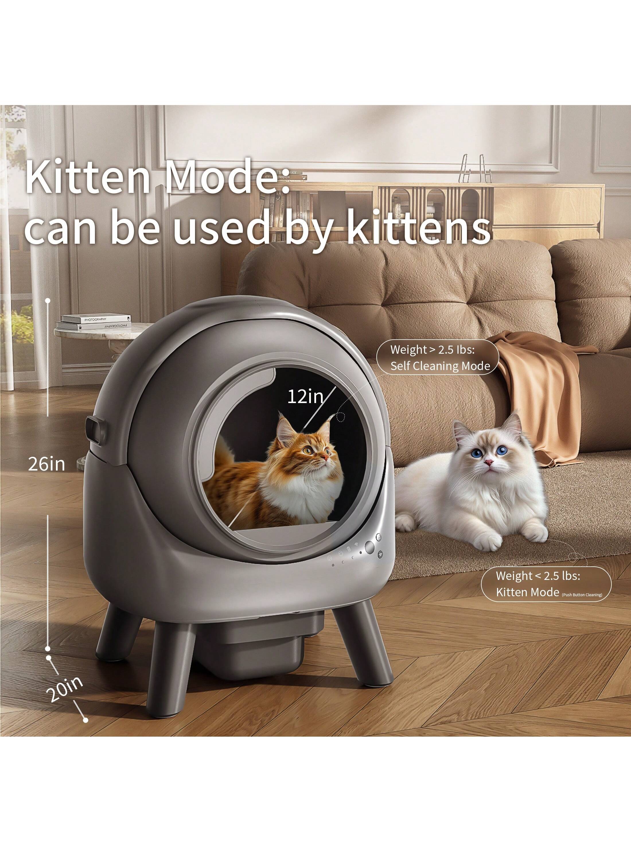 Self Cleaning Litter Box Automatic Litter Box XXL Odor Control 65L APP Cat Litter-Robot For Multiple Cats, Safety Sensors, W/Cat Litter Liner