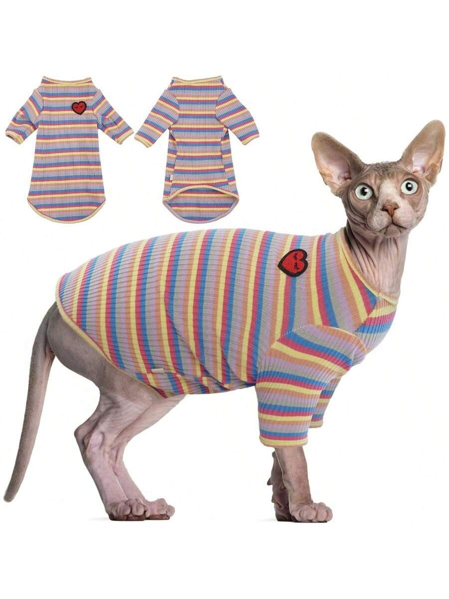 Long Haired Cat Summer ClothingHairless Cats Shirt Breathable Cat Daily Wear Clothes Stripe Vest Adorable Pajamas Jumpsuit Soft SkinFriendly