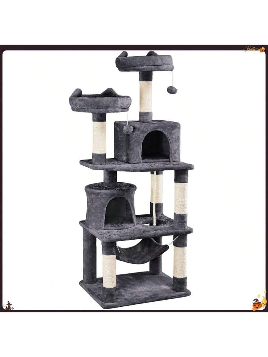 62.5" Tall Double Condo Cat Tree And Scratching Post Tower, Dark Gray