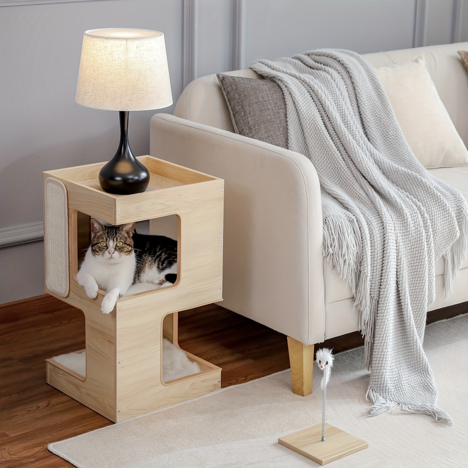 23.6-Inch Wood-Look Cat Tree Bed with Three Levels, Removable Soft Mats and Brown Finish for Indoor Cats
