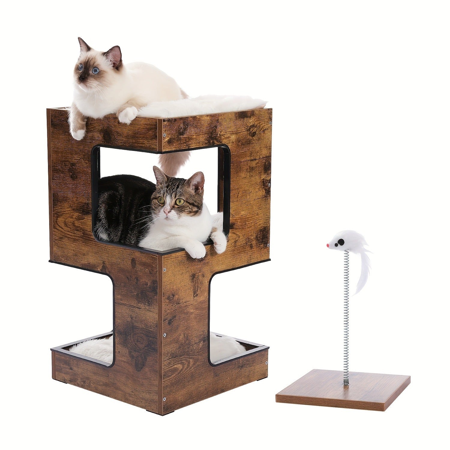 23.6-Inch Wood-Look Cat Tree Bed with Three Levels, Removable Soft Mats and Brown Finish for Indoor Cats