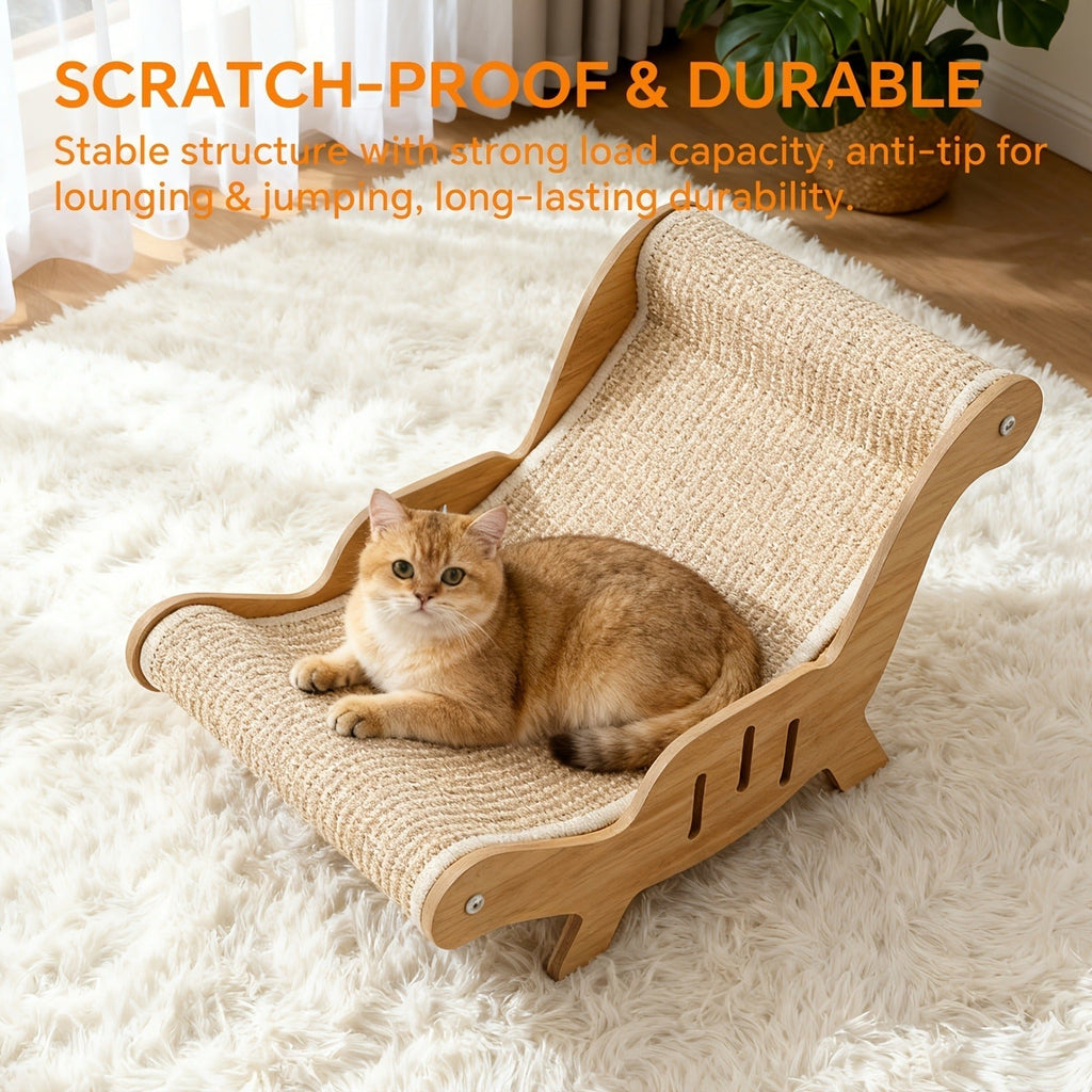 Curved Cat Lounger Chair with Wood Side Frame, Raised Feet and Continuous Beige Woven Sisal Surface