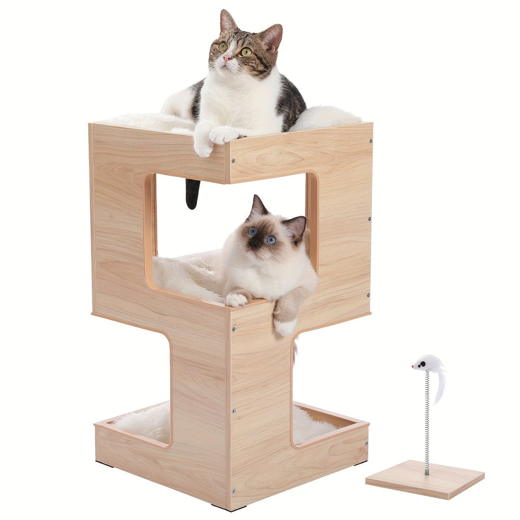 23.6-Inch Wood-Look Cat Tree Bed with Three Levels, Removable Soft Mats and Brown Finish for Indoor Cats