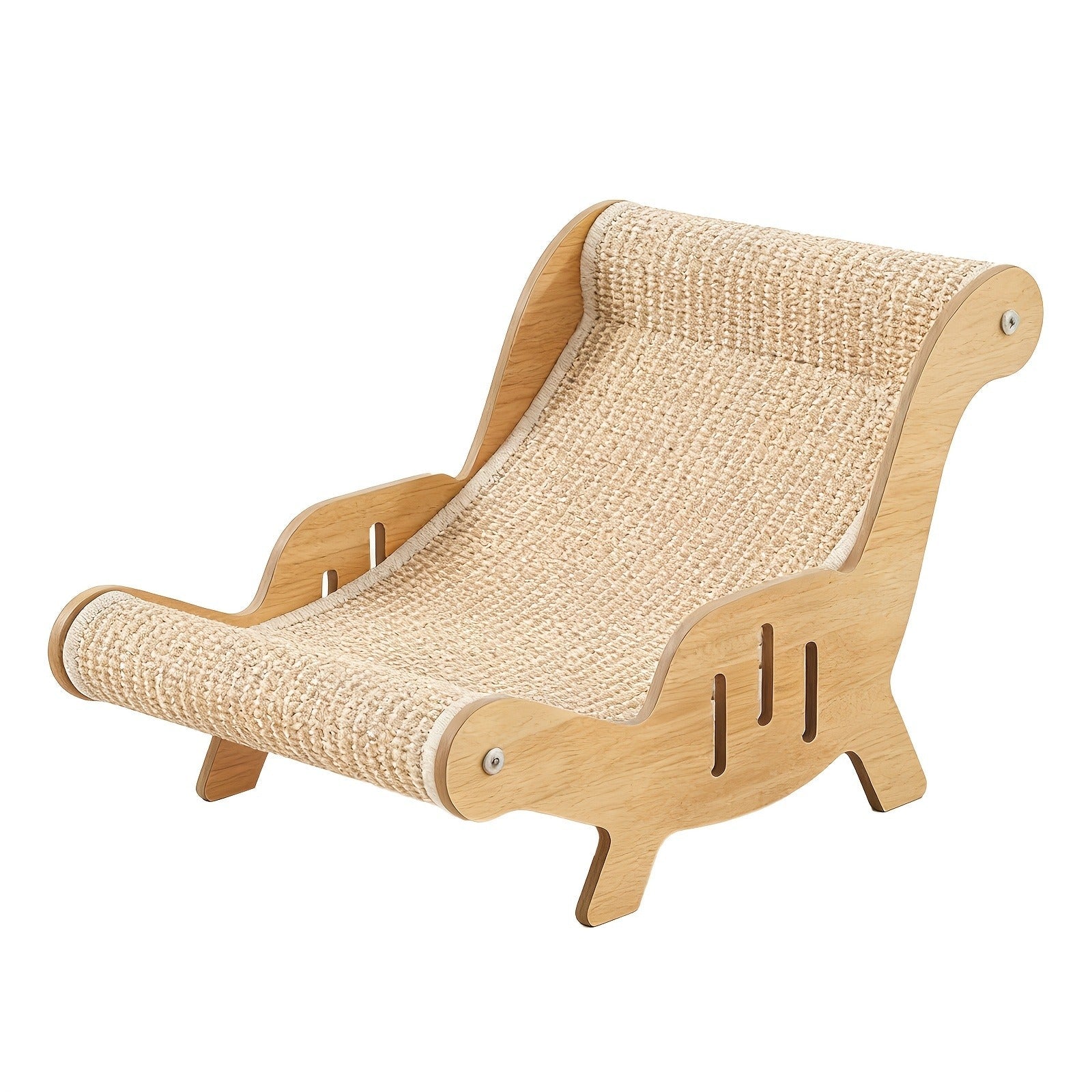 Curved Cat Lounger Chair with Wood Side Frame, Raised Feet and Continuous Beige Woven Sisal Surface