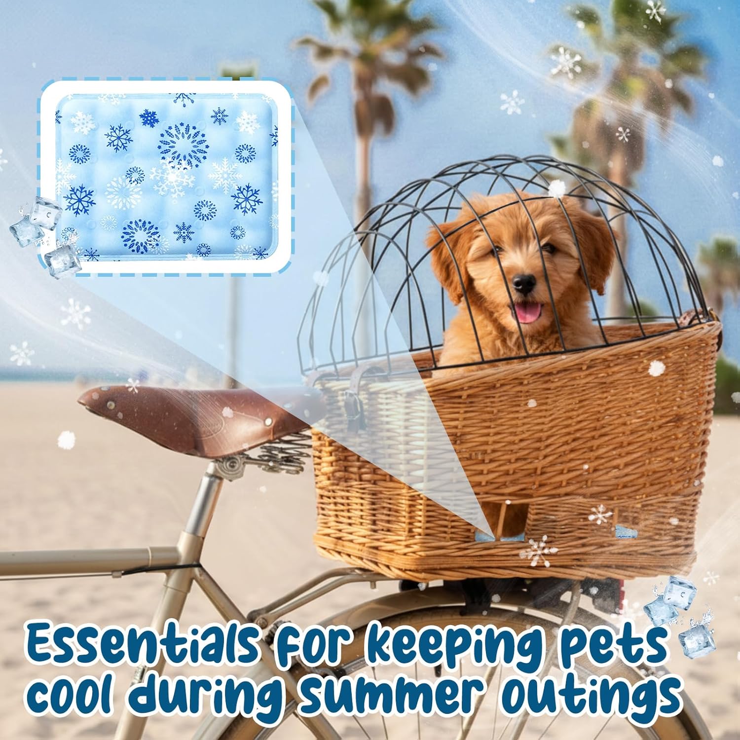 Wicker Dog Bike Basket, Rattan Pet Carrier for Small Dogs Cats with Protective Grille, Includes Ice Pad and Soft Cotton Cushion, for Secure Bicycle Rear Luggage Rack
