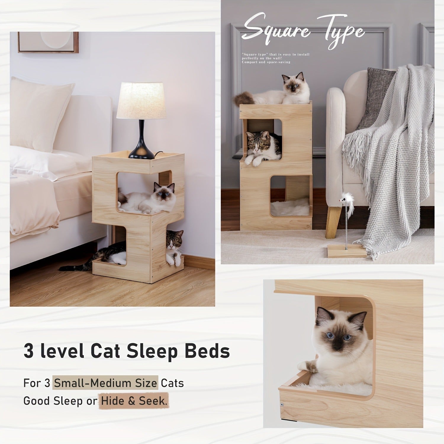 23.6-Inch Wood-Look Cat Tree Bed with Three Levels, Removable Soft Mats and Brown Finish for Indoor Cats