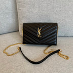 YSL  Cassandre Envelope Chain Wallet Black Grain Leather Golden Hardware 19 cm