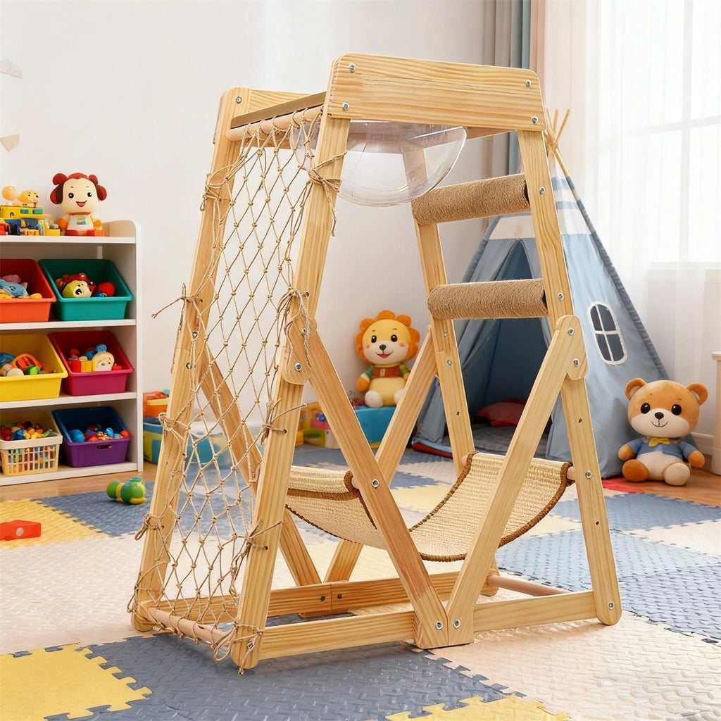 Cat Tree Triangle Cat Tower with Sisal Scratching Posts, Soft Hammock Bed & Hanging Feather Toys – Bamboo Stable Cat Climbing Tower for Indoor Cats, Kittens & Small Cats, Space-Saving Design