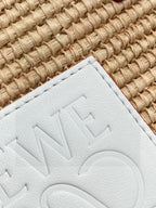 Loewe Small Square Basket Bag In Raffia And Calfskin NaturalWhite